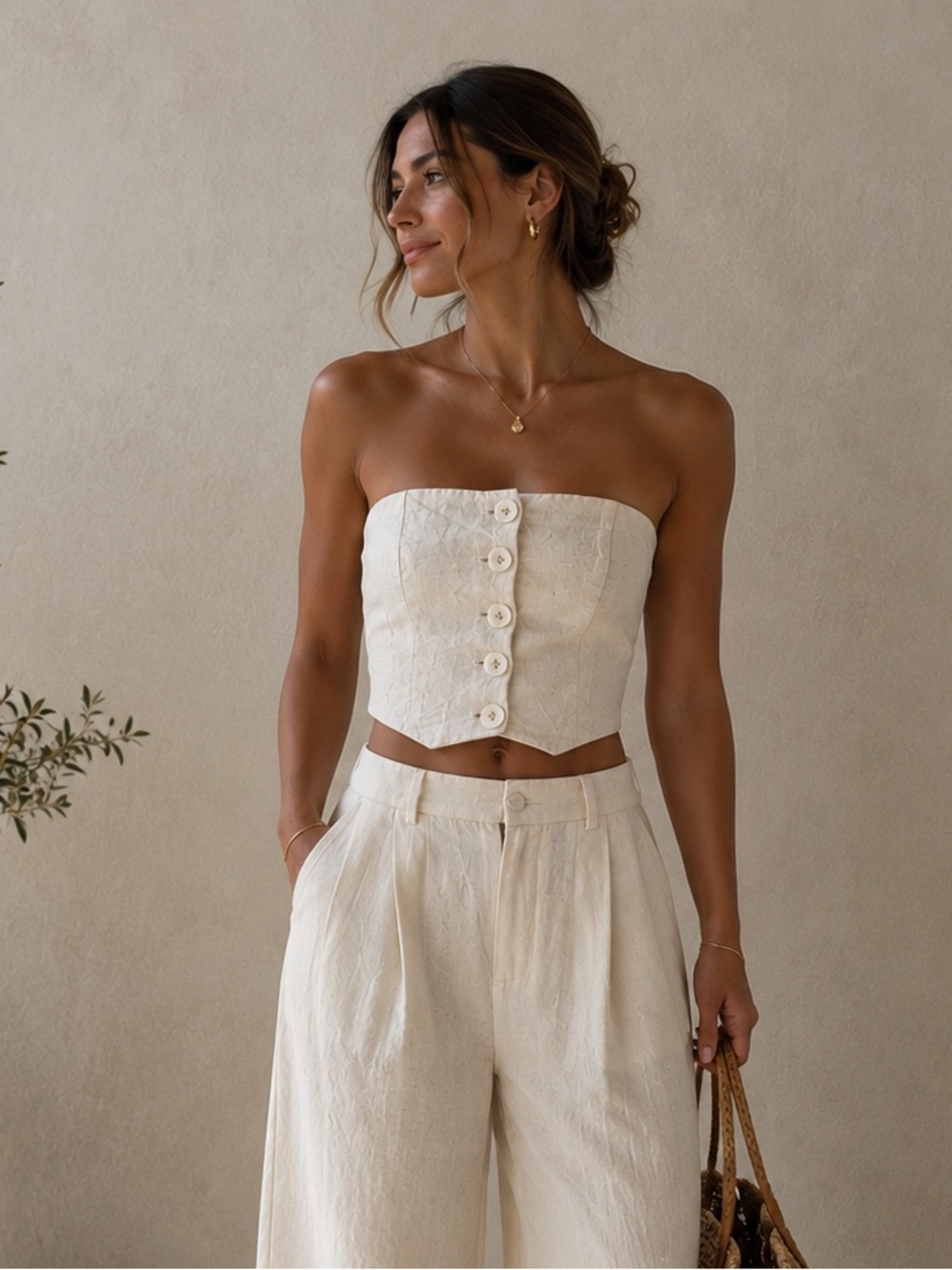 All About May Linen Cotton Bandeau Crop Top Size 4 Button Front Euro Summer